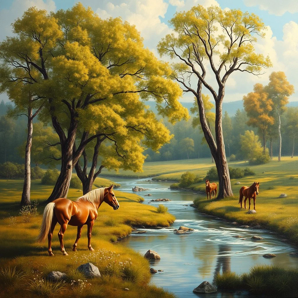 Oil painting of landscape with trees, horses and river. Ultra quality, hyper detailed, work of art