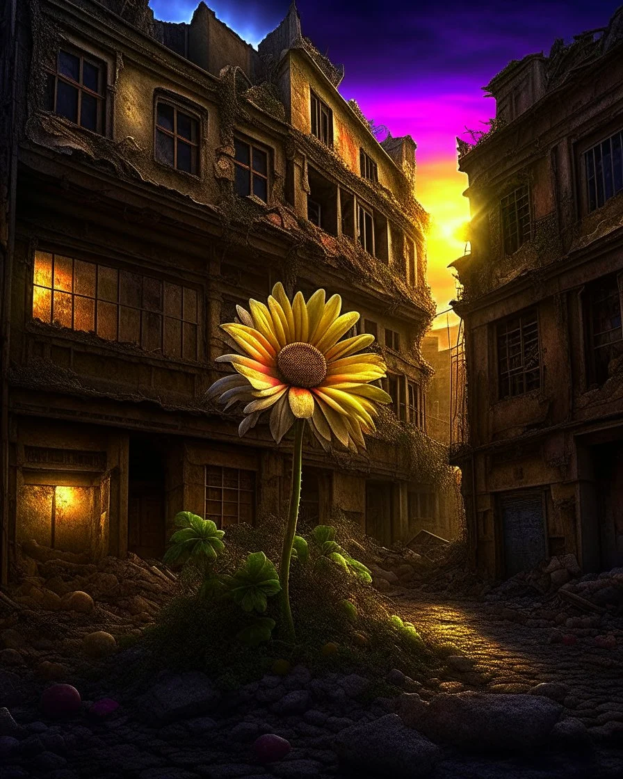 flower of peace blooming on damaged building in war torn city, capturing the essence of hope amidst chaos, this digital painting showcases an intricate and highly detailed portrayal, the warm lighting bathes the scene, casting a soft glow on the flower petals, while the rest of the city remains in shadows, the sharp focus ensures every intricate detail of the flower and the building's destruction is visible, this thought-provoking artwork, Trending on Artstation, combines elements of realism an