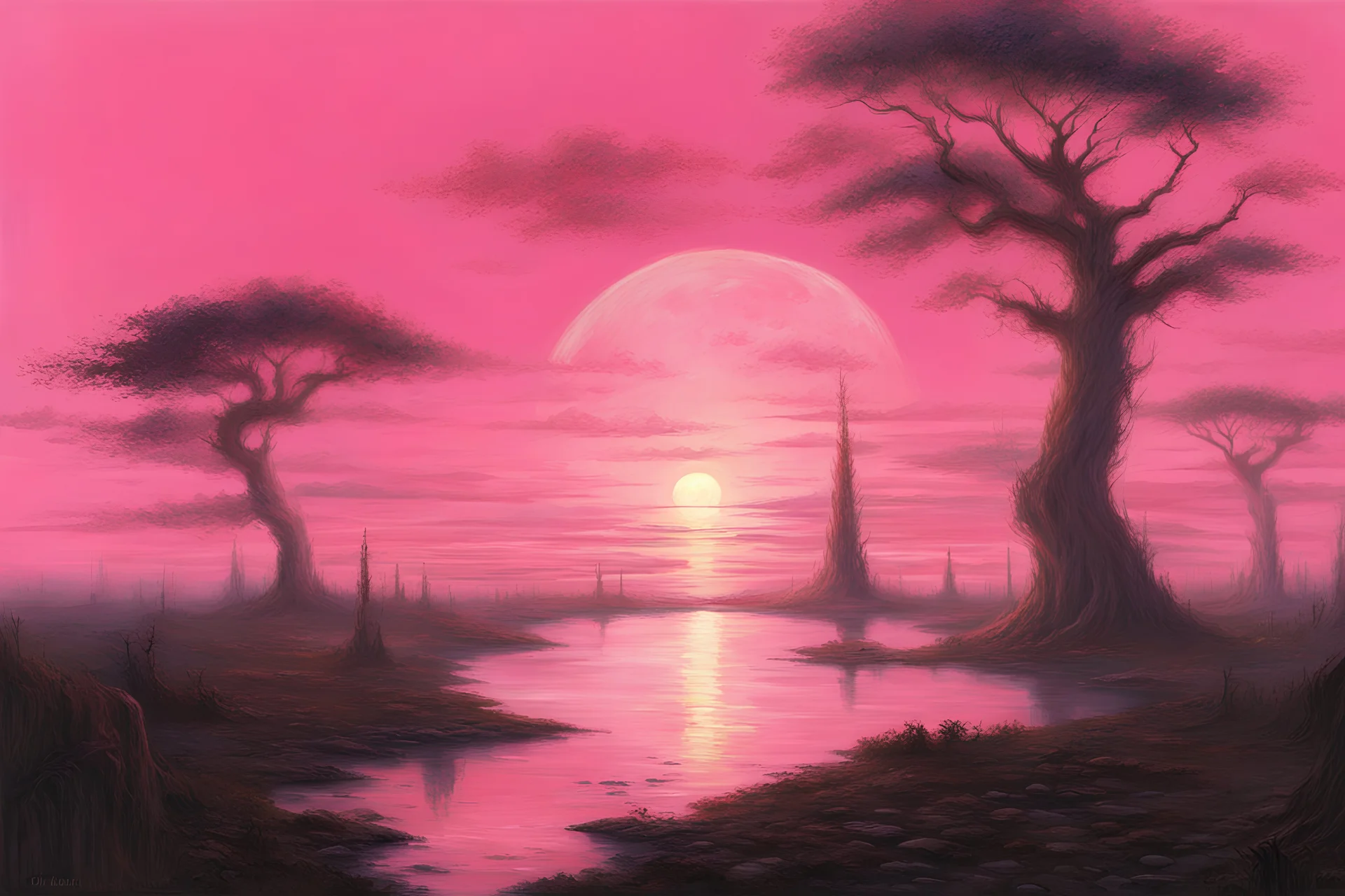 Pink sky with one planet un the sky, sci-fi, 2000's sci-fi movies influence, rocks, cliffs, vegetations, emile claus and auguste oleffe impressionism paintings