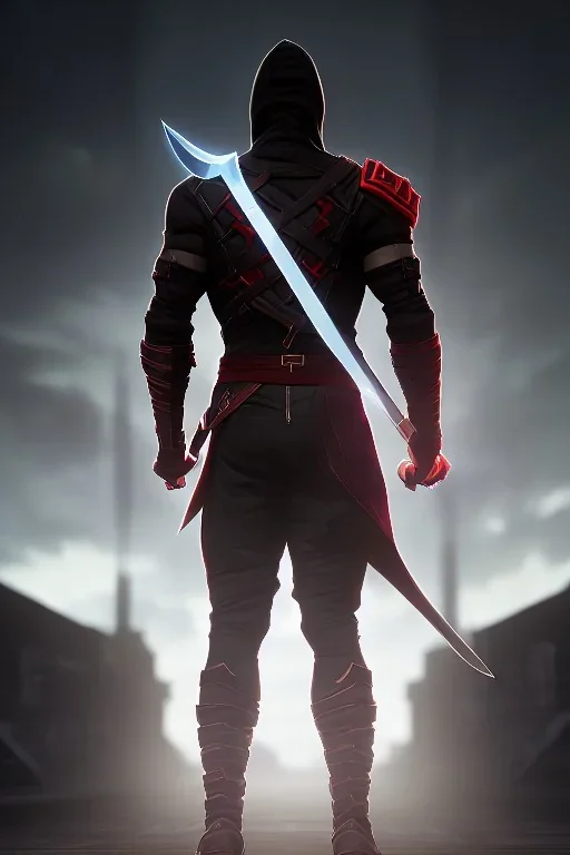 muscular ninja assassin, athletic build, wearing black and red baggy pants with pockets, hood and balaclava mask, tan skin, big boots, two swords behind back, dark hazel eyes, eyes are both in proportion and green, 3/4 look, short brown hair, standing, dark cobblestone alley, one vertical white light behind head, non photorealistic rendering in the art style of j.scott campbell