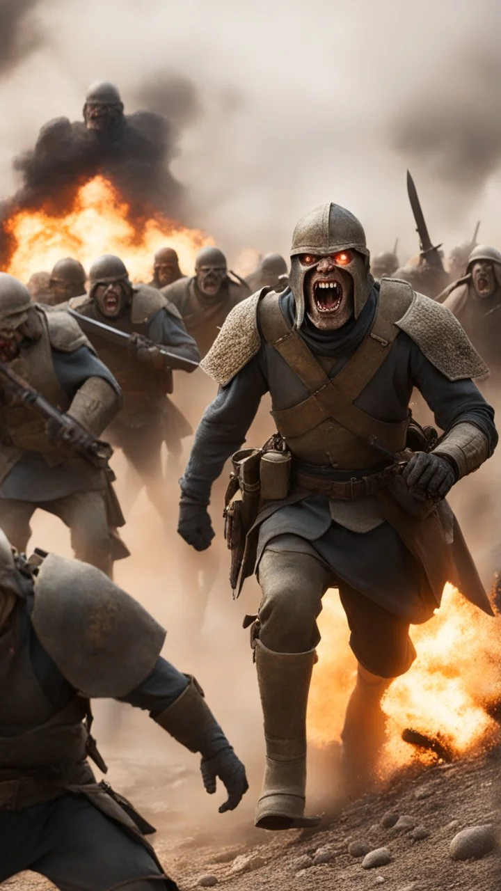 War of crusaders thousands of solders are running away toward the camera with scary faces and fear from a giant ghoul behind them, fires and dead’s and big fights on the ground