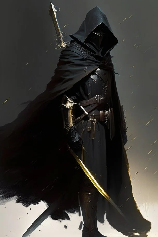 A commander with a black cloak and a long coat with long combat boots and a long spear with his Helmet is golden under his cloak like assasins