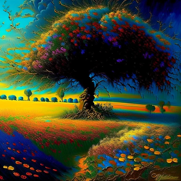 a painting of a tree and a field of flowers, a surrealist painting by Igor Zenin, deviantart, naturalism, apocalypse art, contrasting, global illumination