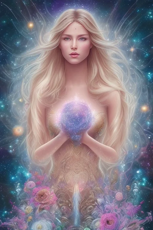 Create an image of a full body cosmic Goddess. The goddess should be depicted as a beautiful and powerful figure, surrounded by cosmic stars. Her hair should be long, blond and flowing, and she should be dressed in a flowing gown blue celestial robe. In the background, include imagery of pink flowers, blue sky,trees. The image should evoke a sense of joy, celebration, and spiritual connection to nature.