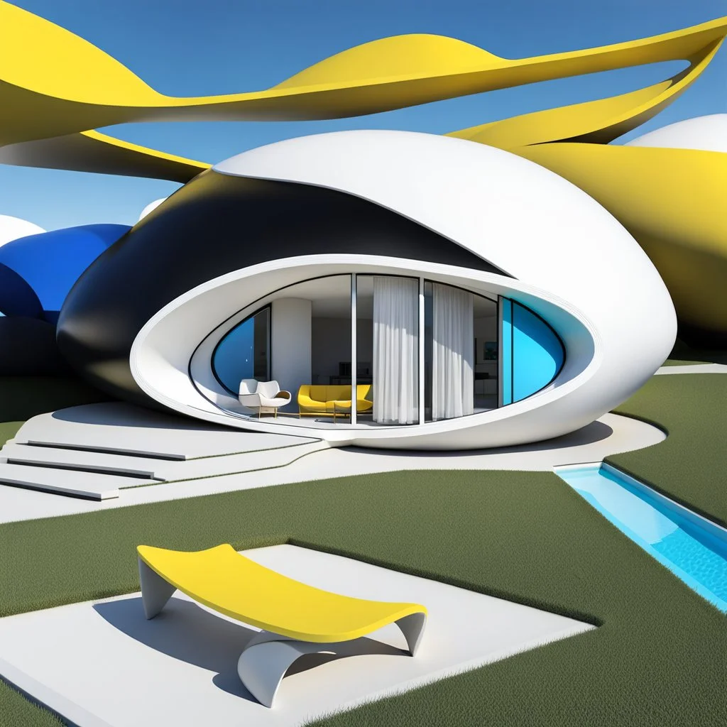 3D drawings of Zaha Hadid style egg-shaped country house in black, white, blue and yellow colors