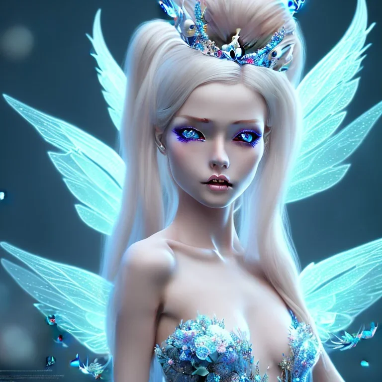 Fantasy cute fairy with wings, smiling, blue eyes, make up, long blond platinum hair, crown, beautiful dress, flowers in background, blender 3D