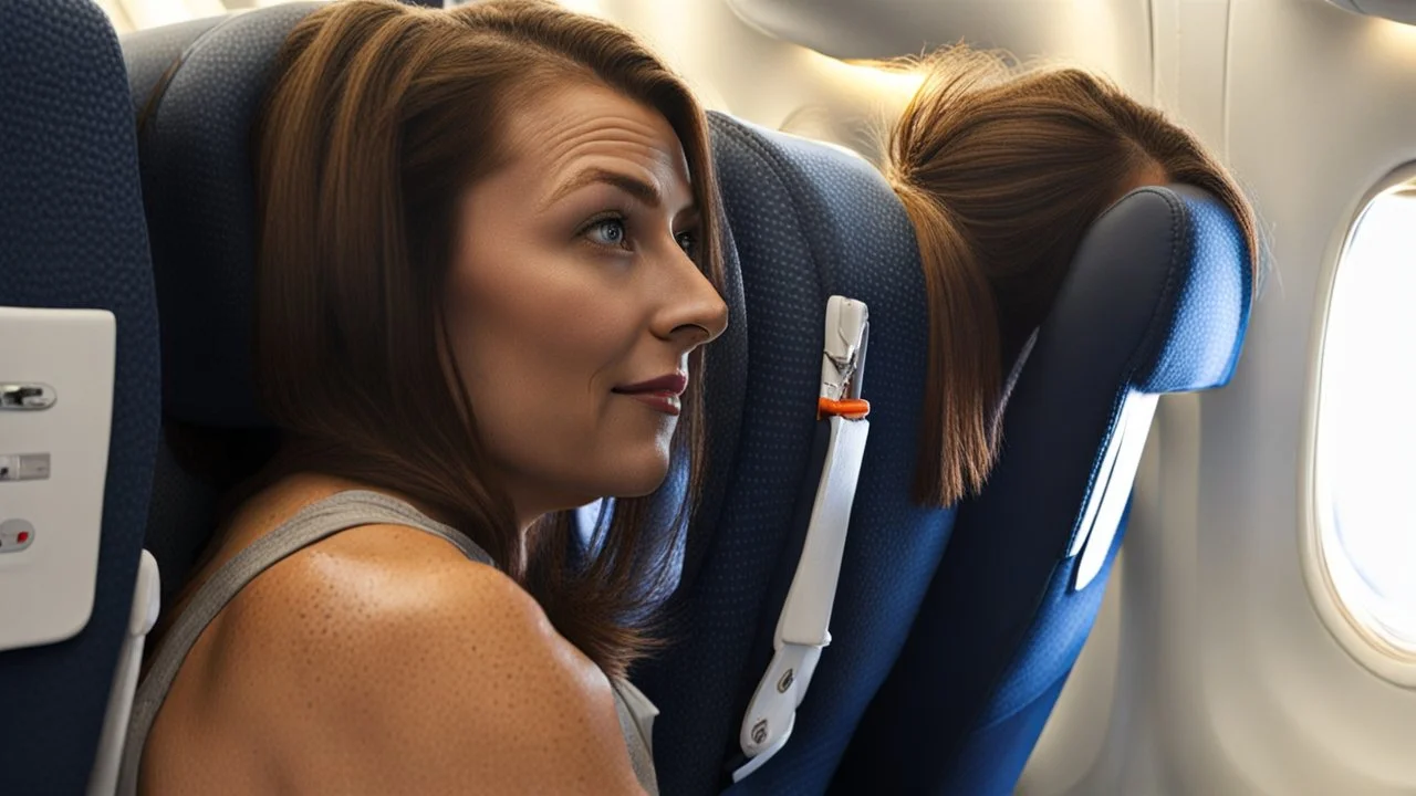 she stands next to wet sweat spot on airplane seat