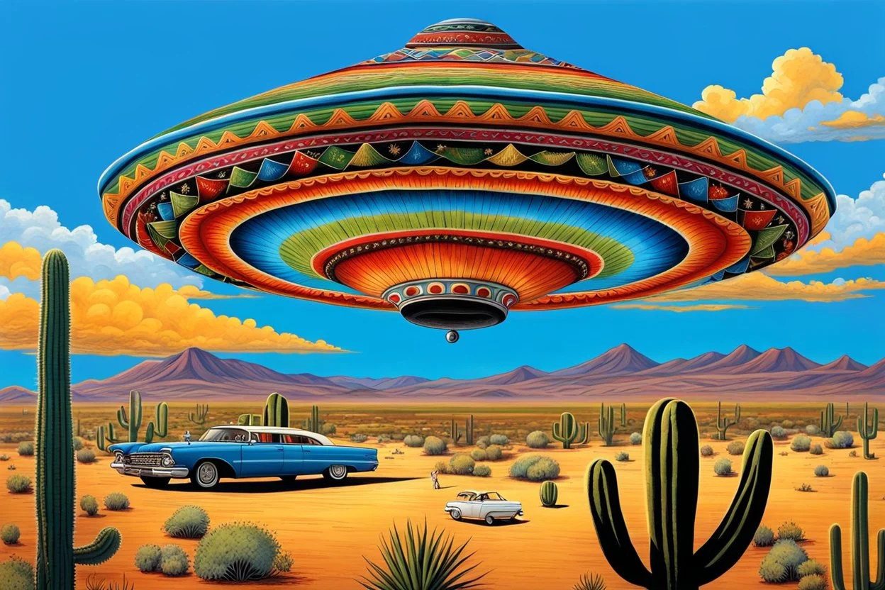 a giant mexican sombrero-shaped ufo in the blue sky above an old authentic mexican village, some mexican villagers look in wonder at the ufo in the sky, in the distance desert and cacti, sparse grass, vibrant colors, psychedelic, very detailed, cinematic