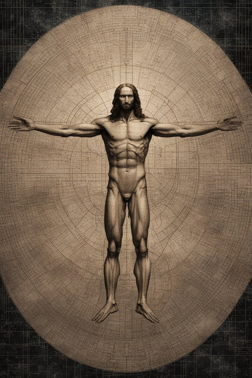 Human – Language – Computer. Leonardo da Vinci's Vitruvian man against the background of the matrix and the crumbling ones and zeroes. close-up of the surrounding area. Solid science fiction, high resolution