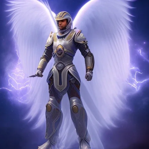 The first image is of the main character's full body. He’s to look like a powerful angel, symbols on his hands glowing, His background should be that of space above with stars and standing on a paradise of a planet. His belt can transform into a white dragon.