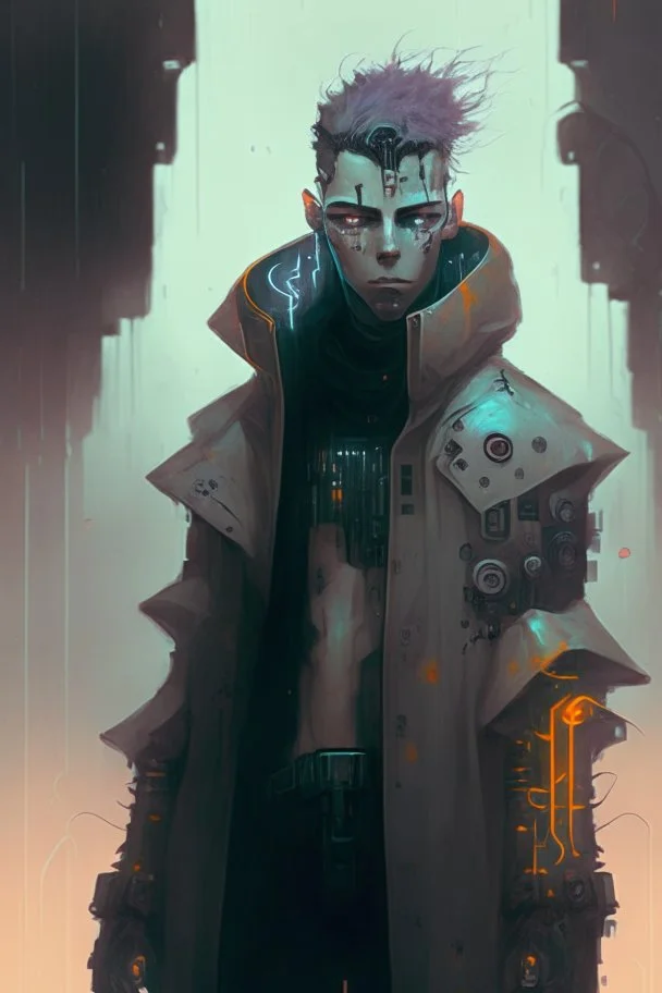 Cyberpunk netrunner, cybernetic eyes, standing in mists, Male, Spanish, dark art, Ivory Peach skin, cute