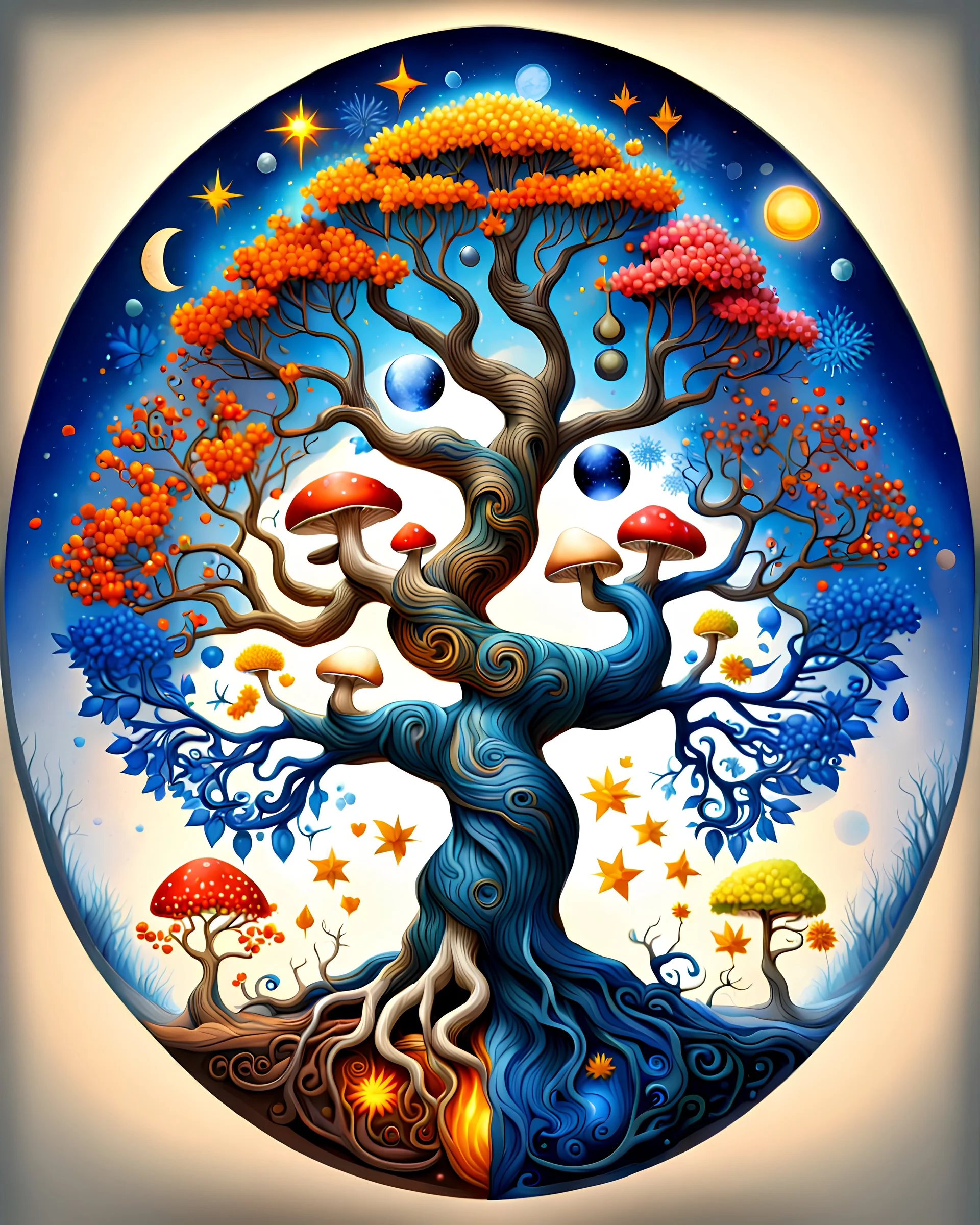 The tree of life consists of four seasons: spring, summer, autumn, winter, light, time, darkness, star, moon, sun, yang-ying, water, wind, soil, fire, love, and blue magic mushroom.