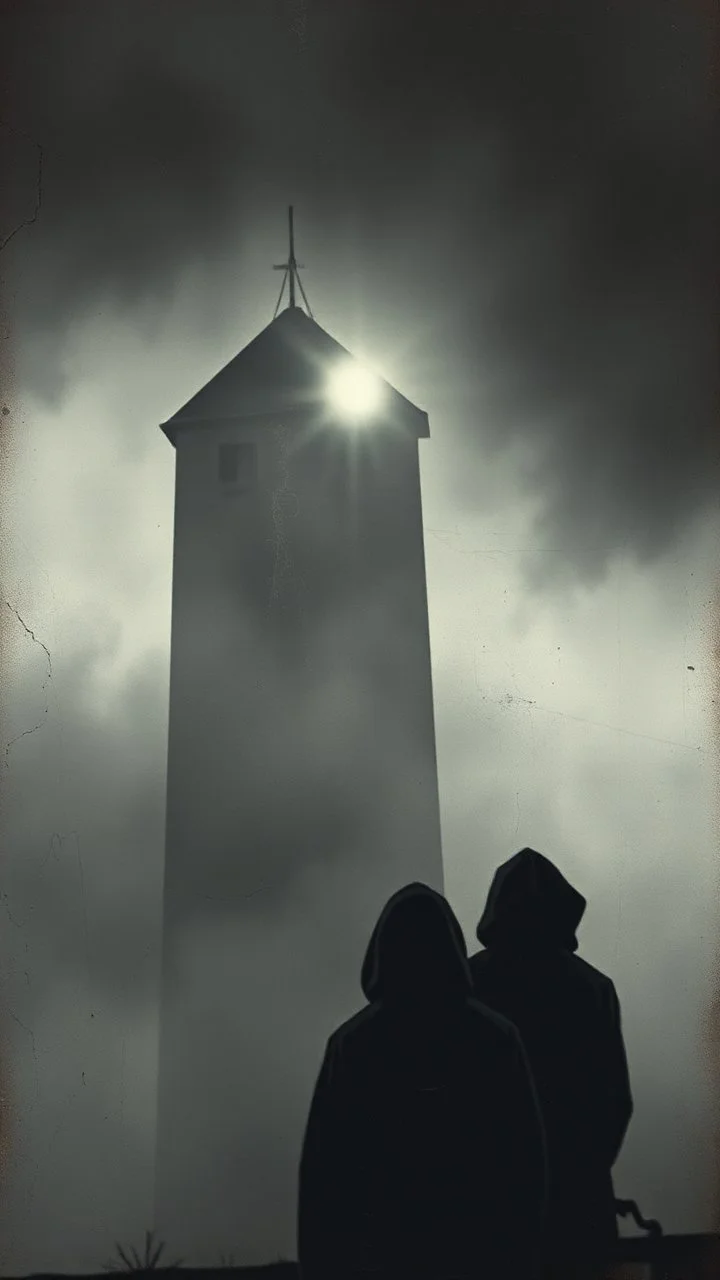 A building light tower by the stormy high wavocean all gray, a shadow of a two creatures with hood looking at the house , foggy, blurry , dark and , like horror movie ,mysterious,painted antique canvas of a Risograph Art of a Art ,into the moody backdrop creates an atmosphere of enchantment and mystery high resolution fine detailed textures fine colors scratches, tears, burn marks, cracks in the paint in the mix style of Joan Miro Gabriel Pacheco, antique extreme canvas textured, blurry old styl