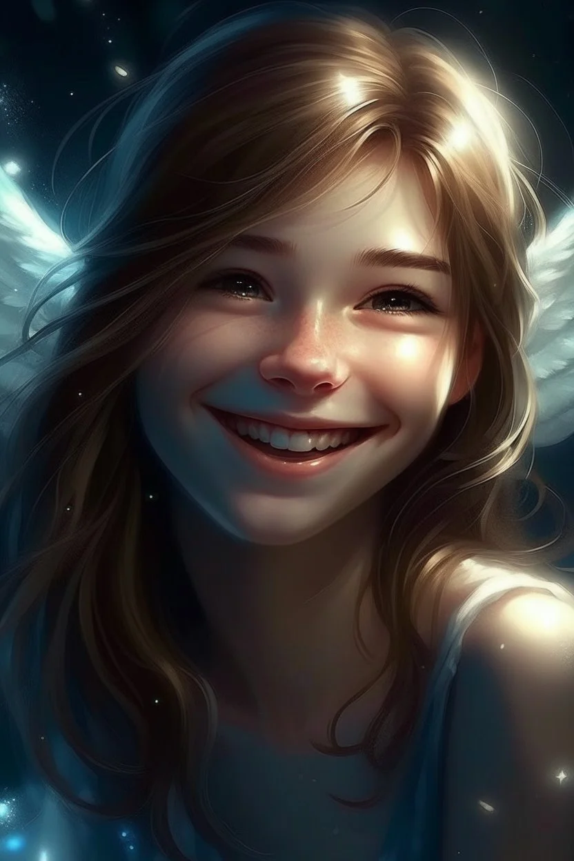 Space, beauty, stars, light, angelic beings, smiling and looking to you
