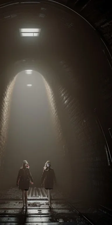 Two women exploring an old subway tunnel