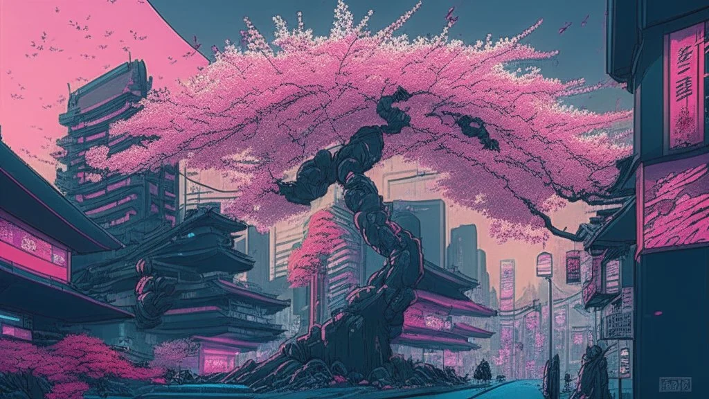 Japanese cherry blossom, in cyberpunk city, comic style,