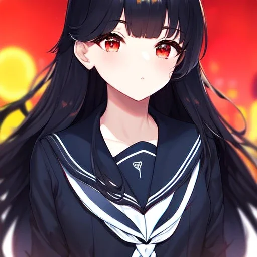 Clear focus, High resolution, long black fluffy hair, red eyes, chopped bangs, wearing a sailor uniform, wearing a sailor skirt, colorful, hollywood, female, no outlines, extreme close up