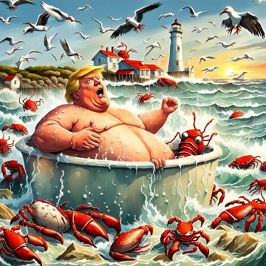 Donald Trump as a Fat man in a claw foot bathtub sinking in the ocean. Water lapping at the top of the tub. Panic on his face. Scared, screaming for help. Surrounded by seagulls, lobsters and crabs. there is a colorful light house with stormy skies in the background. Lightening and wind blows. He's in trouble.