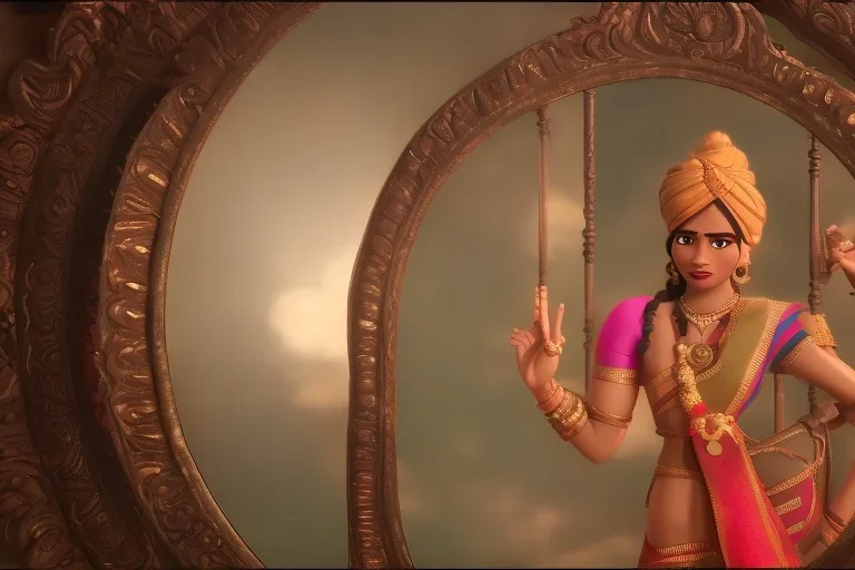 Maharashtrian woman looking in an old Peshwa antique mirror, misty, hyper-realistic, hyperdetailed, high-octane render, wide shot