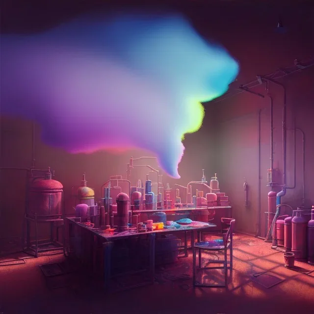 factory of colors. smoke rises from multi-colored glassware. color swatches in the background. hyperdetailed, warm colors, detailed painting, photorelistic, oil on canvas, light dust, futuristic. volumetric lighting