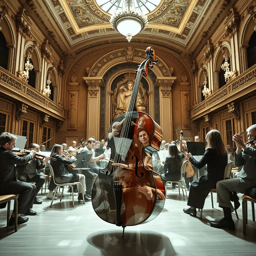 disintegrating photography. in a Double exposure cello, an ethereal symphony orchestra playing in an ornate concert hall, double exposure art, concept art, white negative space