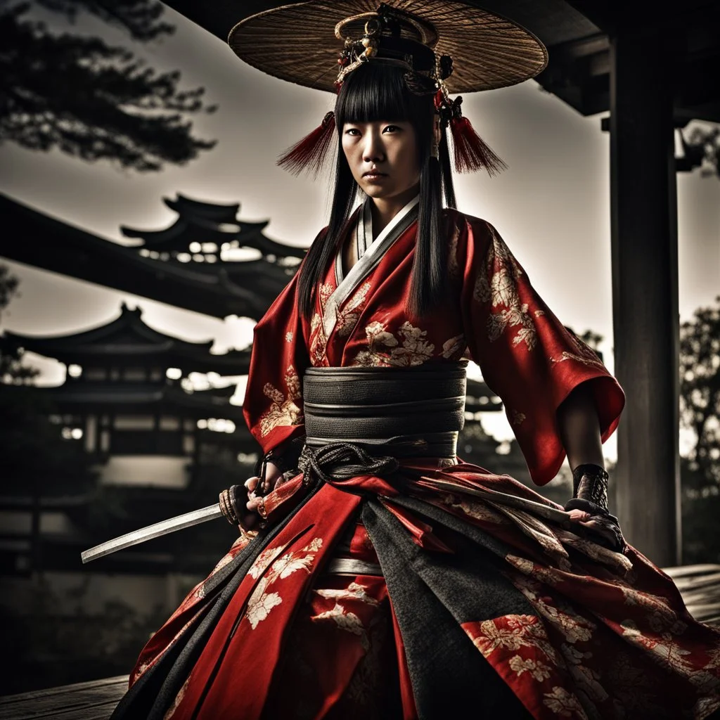 Behold the powerful alluring and pretty Japanese samurai woman, her body adorned with the traditional samurai costume, HDR, beautifully shot, hyperrealistic, sharp focus, 64 megapixels, perfect composition, high contrast, cinematic, atmospheric, moody