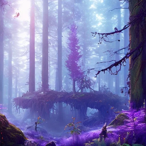 dynamic lighting, Intricately detailed, Splash screen art, deep color, Unreal Engine, volumetric lighting, purple forest,