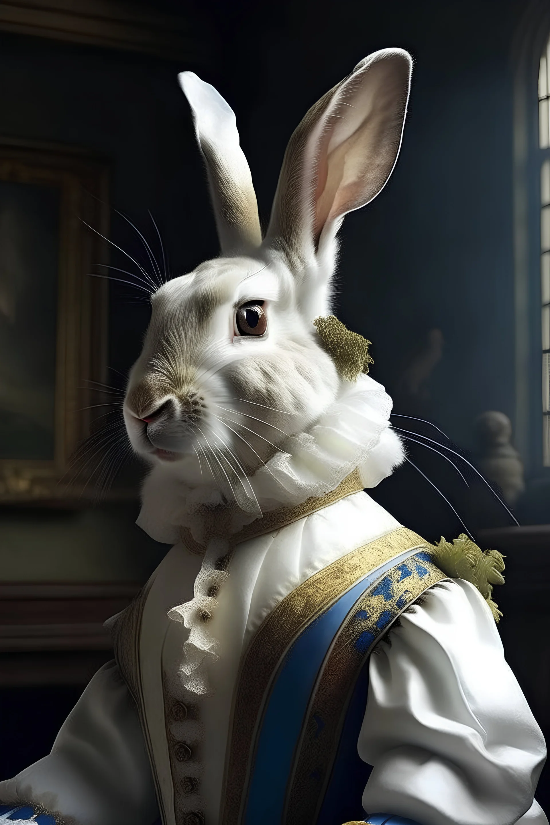 Bunny dressed as human, Medieval palace, animal portrait