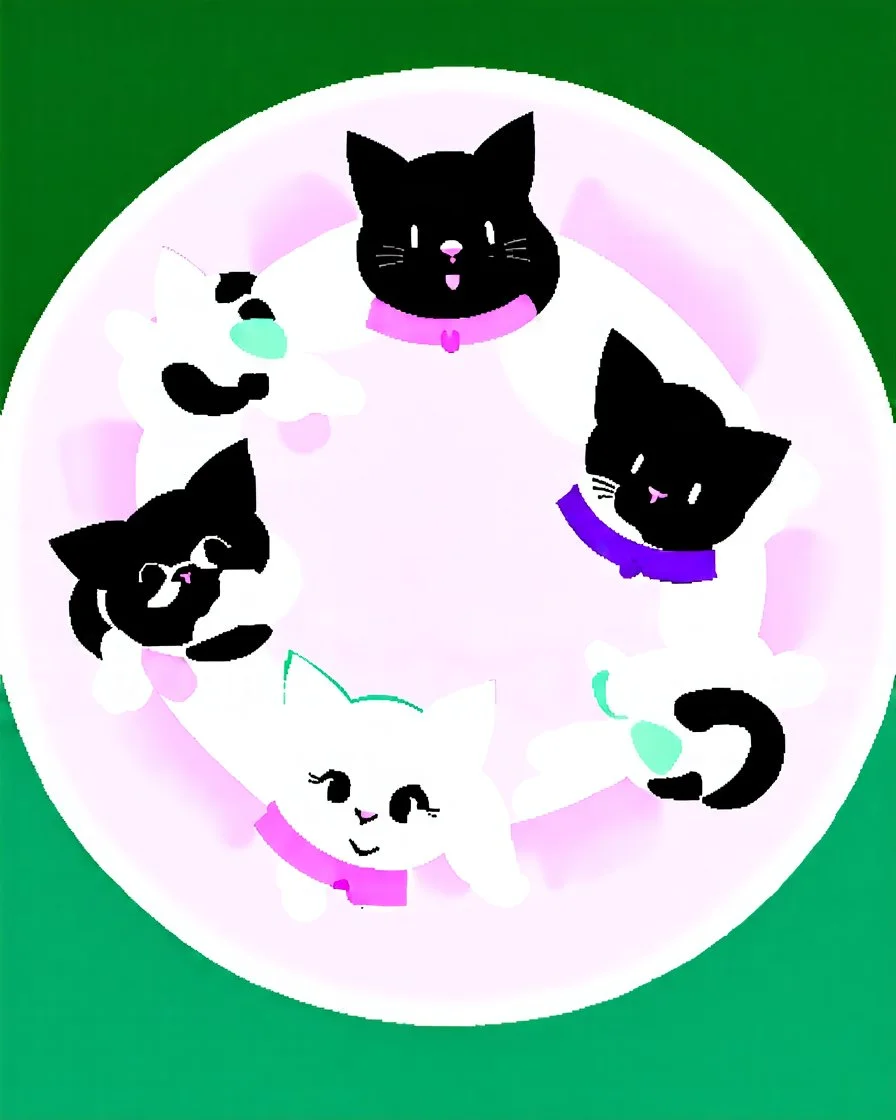 A charming illustration of adorable cartoon cats arranged in a circle, perfect for a heartwarming greeting card. The cats, a mix of breeds including Persians, Siamese, and Maine Coons, each display uniquely expressive faces with large, sparkling eyes and playful smiles, wearing pastel-colored collars in shades of pink, lavender, and mint green. Surrounding the circle of cats are scattered pastel fish bones and paw prints against a clean white background, with the text "Life is purrfect with cats