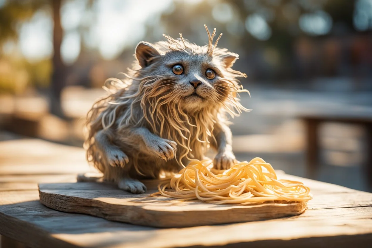 Double exposure, merged layers, Little sculpture of an italian pasta creature made with concrete and driftwood and mother-of-pearl and low voltage filament lit, golden patina, in sunshine, corrosion, heart and love, A beautiful little manul catches the pasta while standing on a wooden table in sunshine, ethereal, cinematic postprocessing, bokeh, dof