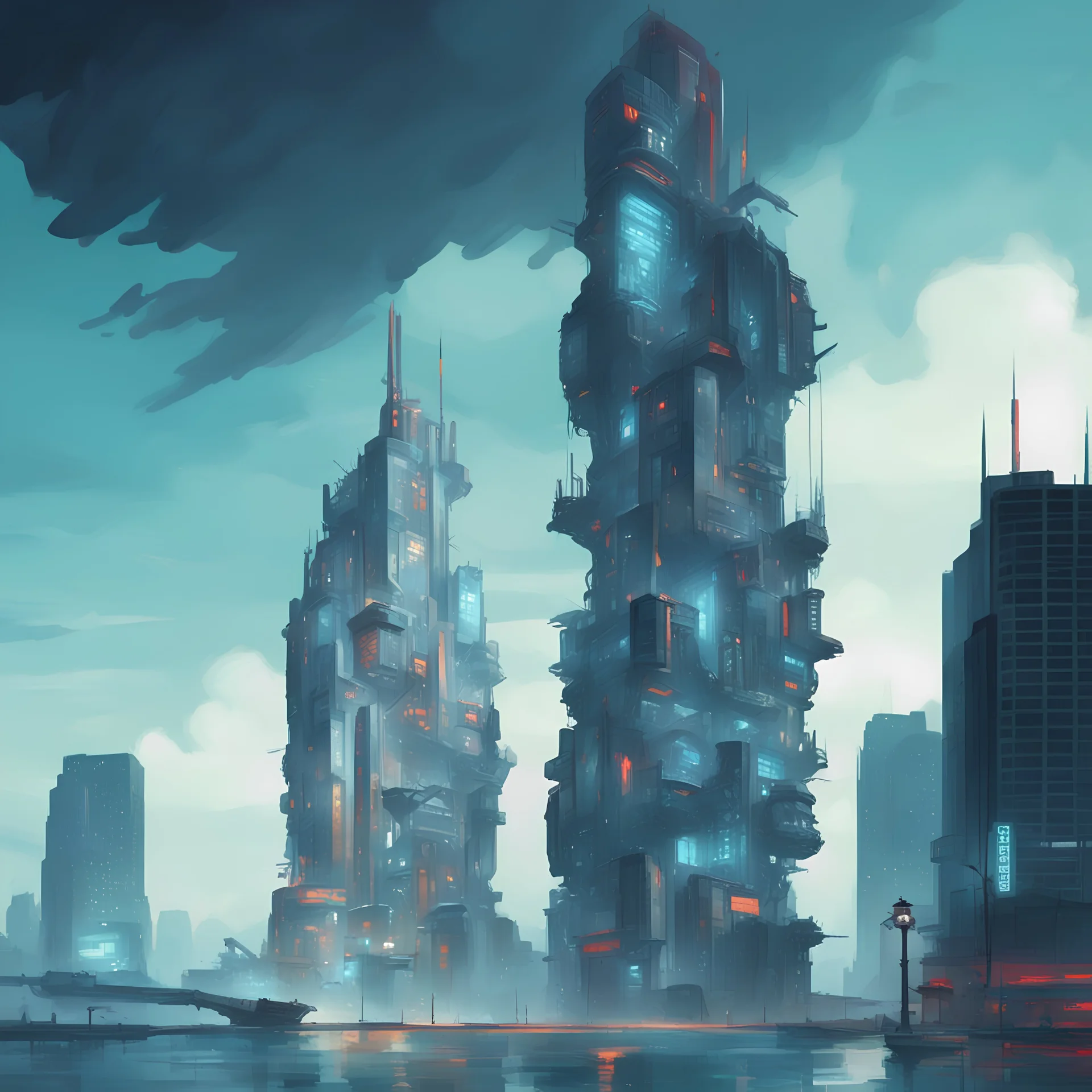 A cyberpunk style tower in red and orange