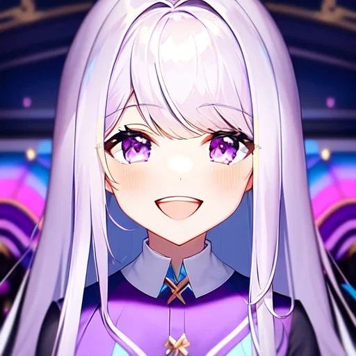 Clear focus, 8k, high quality, detailed, beautiful lighting, vibrant colors, white long hair, vibrant purple eyes, girl, laughing, different twins