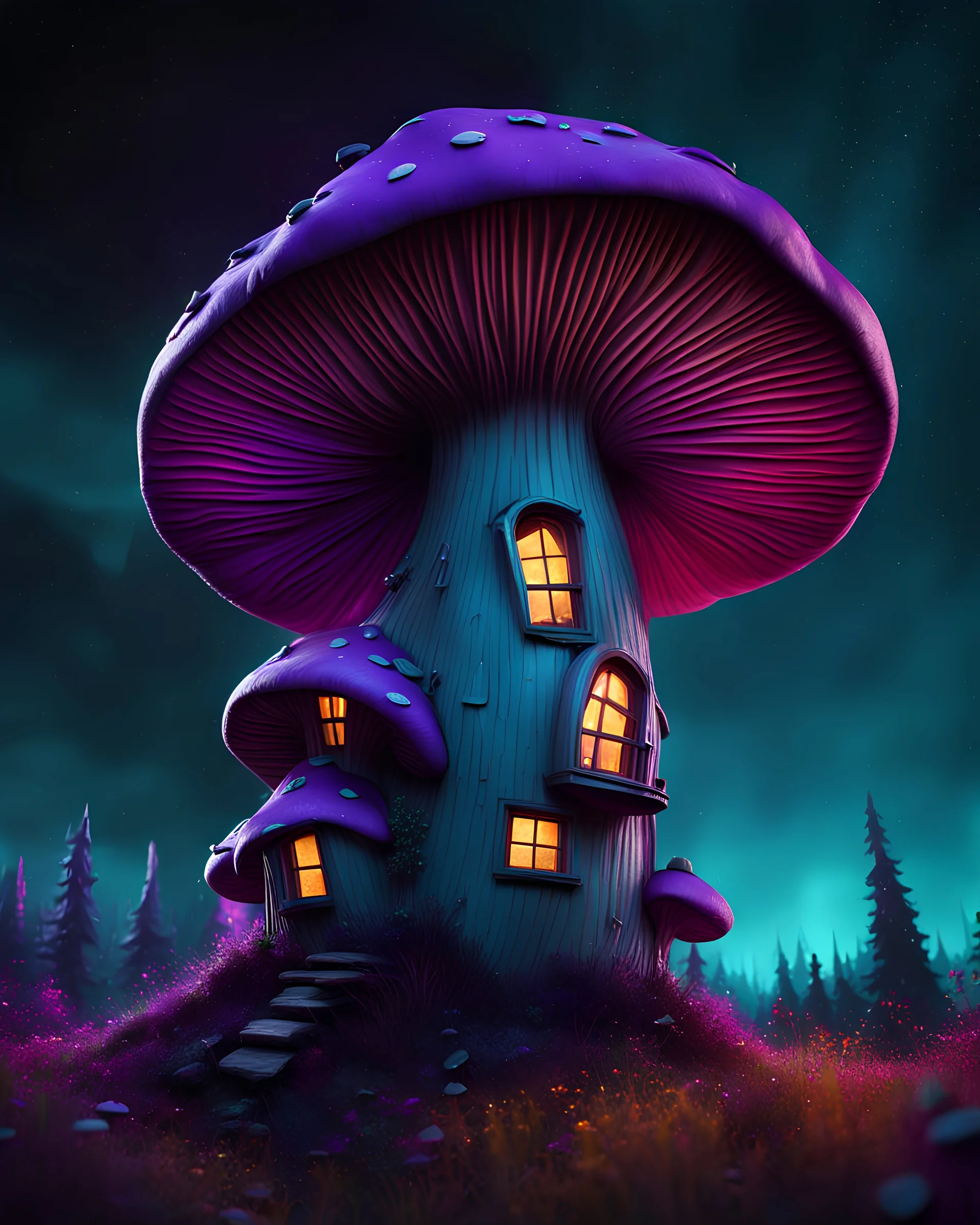 An asymmetrical mushroom house in the night sky. in space. Bright Bold Bright Colors, teal purple black, Stark Dark background. Detailed Matte Painting, deep color, fantastical, intricate detail, splash screen, hyperdetailed, insane depth, Fantasy concept art, 8k resolution, trending on artstation, Unreal Engine 5, color depth, Deep Colors, backlit, splash art, dramatic, splash art Style. High Quality, Painterly, Whimsical, Fun, Imaginative, Bubbly, good detail, perfect composition,