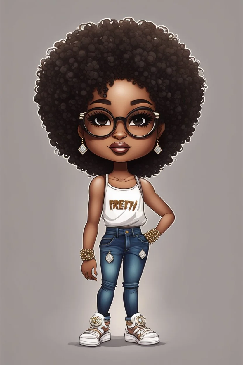 Create a whimsical chibi image of a black female with shoulder length tightly curl afro, black silky and brown eyes. Long eye lashes wearing a torn jeans and tank top with diamond studded "pretty" on the front, sandals , plus size body style. Diamond studded glasses and hoop earrings forward facing, 2k, white background