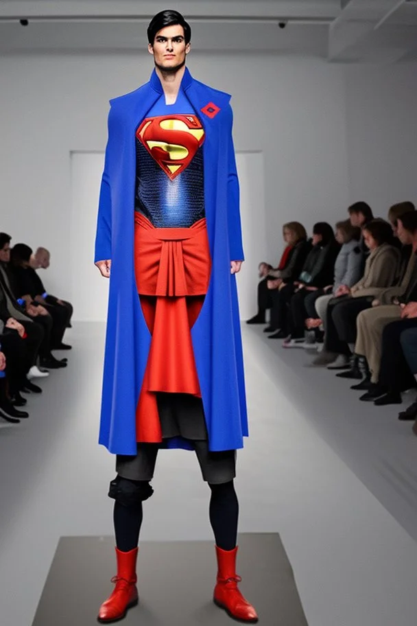 Men's winter fashion runway, super designer inspired by Superman style with the main emblem as the concept of the whole style