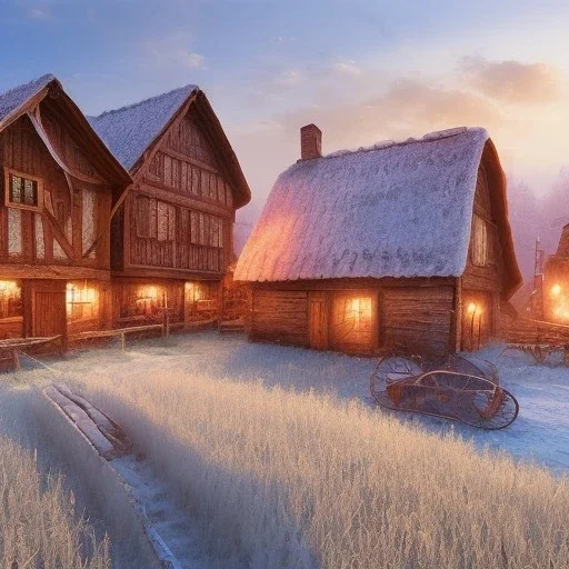 quaint fantasy medieval farming village in frost night with wooden buildings grasslands plains