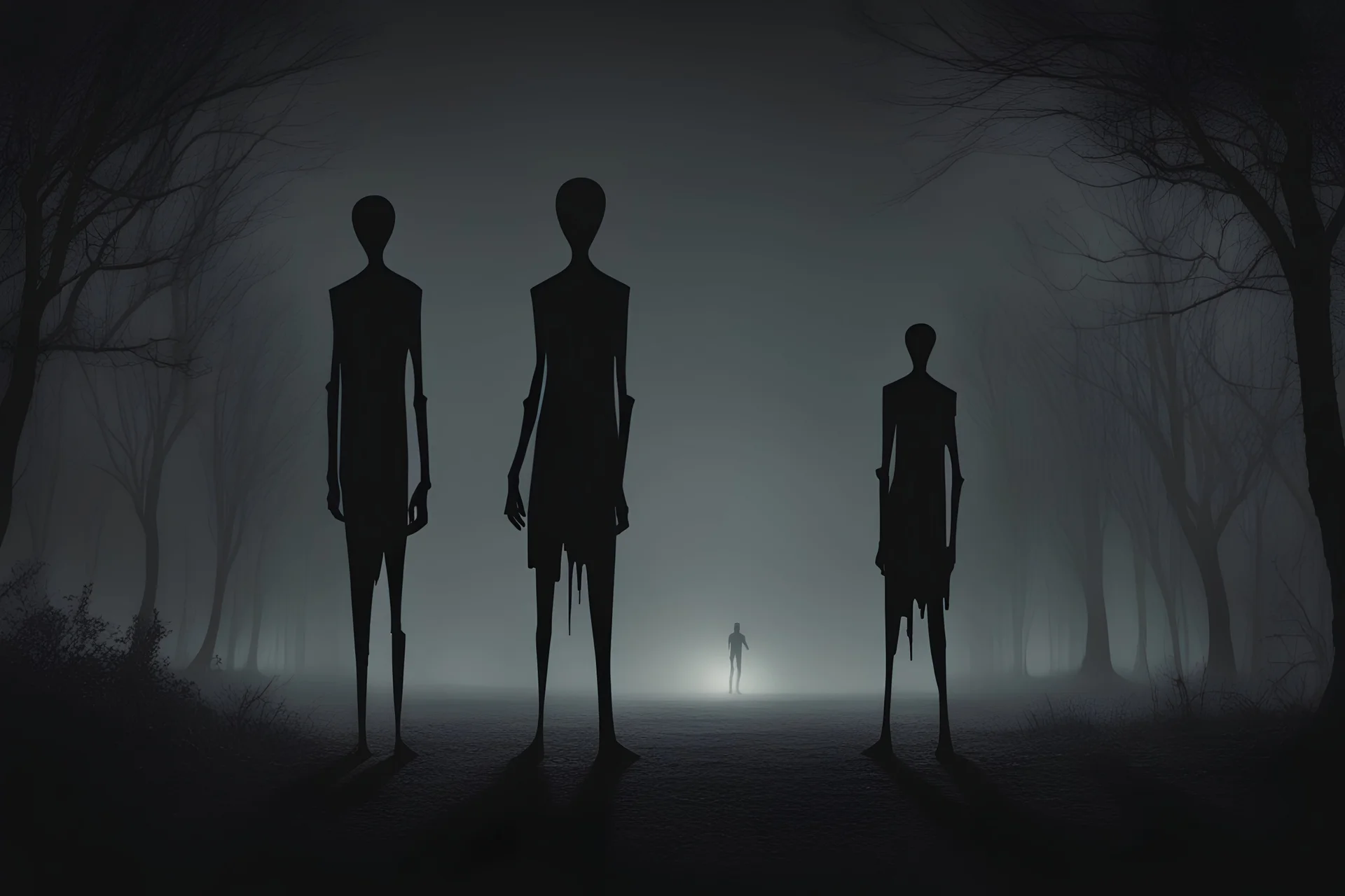 two slender dark black figures in the night looking at the viewer