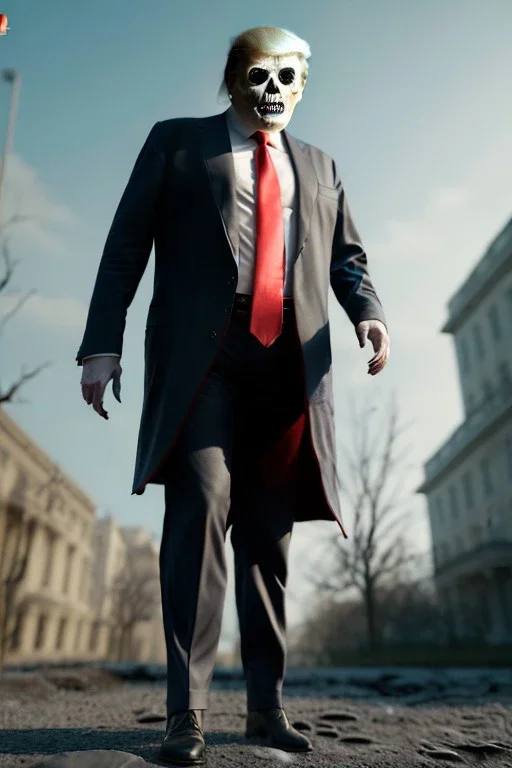 Ultra realistic image, Donald trump zombie, zombie performance, suit, skull, blood, torn arm, night, walking twisted, waist up view, thriller style, dark ambient, highly detailed, White House background, concept art, unreal engine 5, ray tracing, RTX, ultra detail, volumetric lighting, high definition, high resolution.