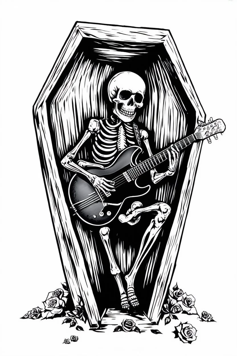 Skeleton wearing a sombrero, Hugging a guitar in a Coffin, black roses as decoration, black and white graphic art
