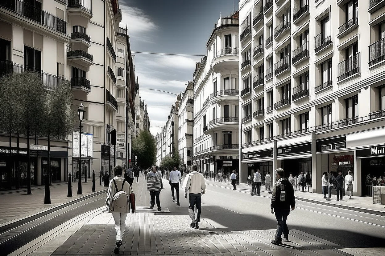 Valla publicitaria en blanco, sin publicidad, en una calle del centro de una ciudad española, y gente paseando por la calle, fotografía actual y real, disparo con cámara leica