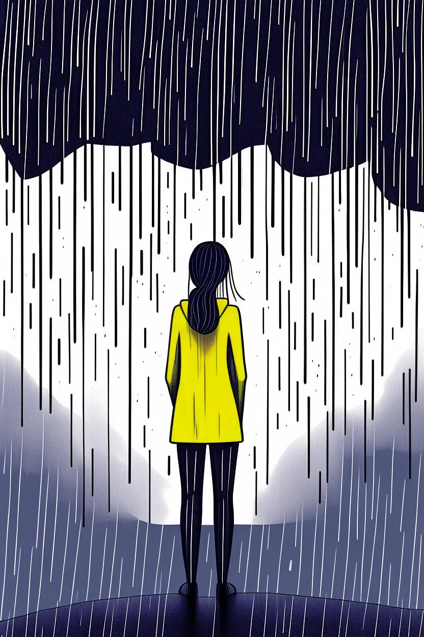 Ilustration of a woman standing alone in a storm , with rain pouring down around them