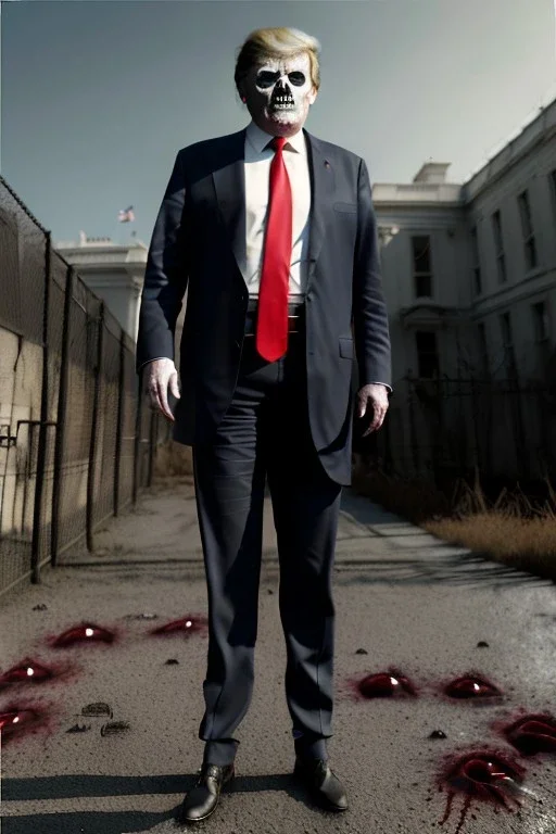 Ultra realistic image night, Donald trump zombie, zombie performance, skull, blood, torn arm, night, walking twisted, waist up view, the walking dead style, dark ambient, highly detailed, White House background, concept art, unreal engine 5, ray tracing, RTX, focal lighting, ultra detail, volumetric lighting, 3d, finely drawn, high definition, high resolution.