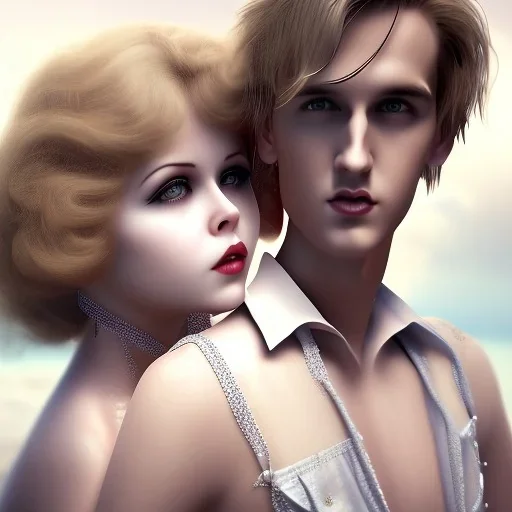 Aaron Carter with sexy Clara Bow, stormy seas, two people, Aaron Carter, romance, romantic, water, swimming, DAZ3D, by Michael Turner, soft lips, cinematic lighting, studio lighting, shine, 4K, fantastic view, girls at beach with her.