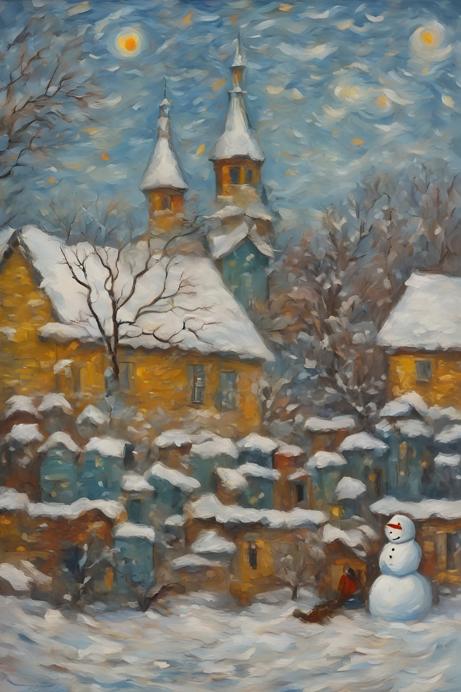 Snowman like terier oil paiting Vincent Willem van Gogh style Once upon a frosty time Russian