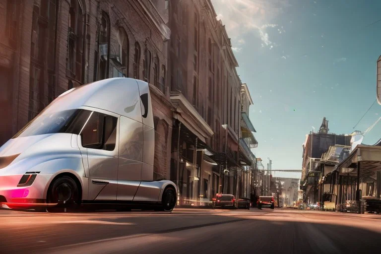 A Tesla 'Semi' (semi truck) is going at a high speed, on the streets of New Orleans. (CINEMATIC, WIDE ANGLE LENS, PHOTO REAL)