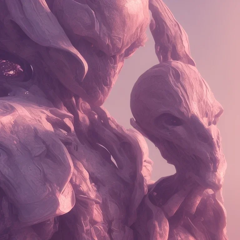 LOVING, MOTHER ALIEN, CLOSE UP, FACE, cinematic lighting, 4k, 8k, octane render, digital concept art, ambient lighting, PINK, MOUNTAINS SUNSET