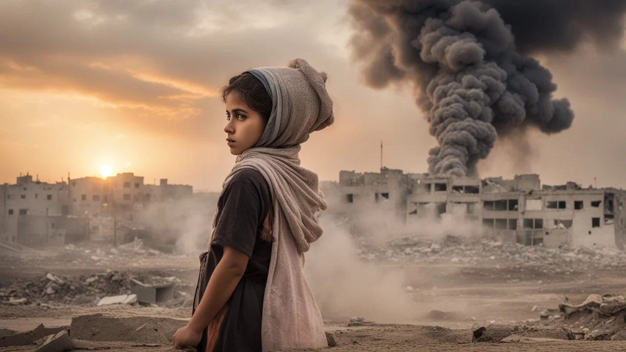 close young palestinian girl with a kuffeah. Large clouds of smoke rise from the land of gaza . With demolished buildings in the background. with sunset colors Made in the palestinian style