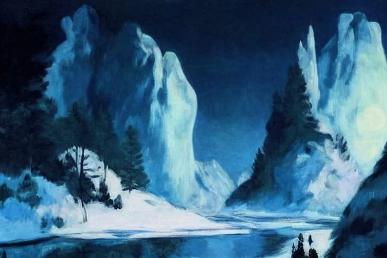 night, moon, people, pine trees, vegetation, river, ice, winter, mountains, edouard manet painting