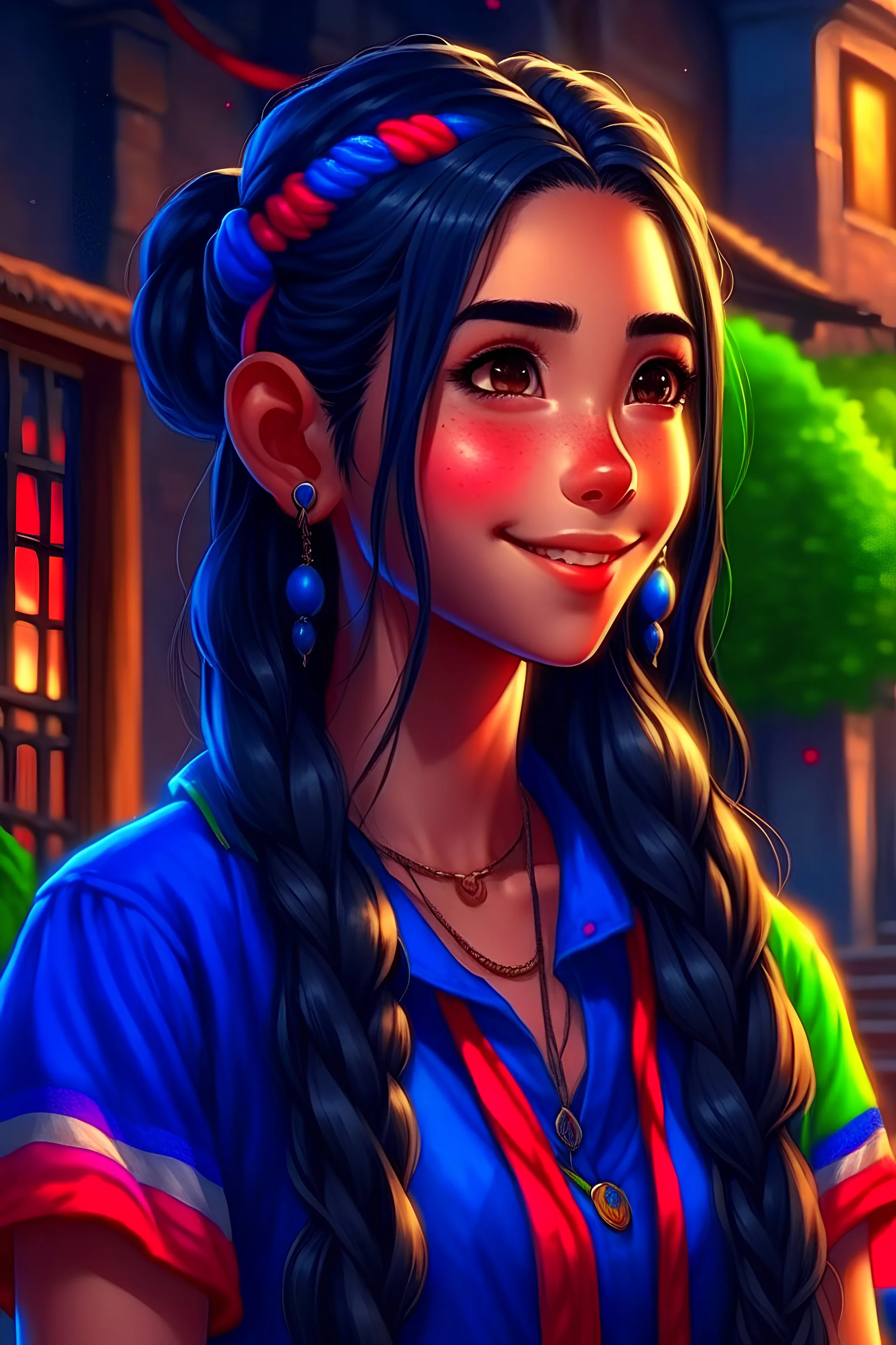 girl, masterpiece, best quality, cinematic lighting, detailed outfit, rainbow colors, perfect blue eyes, black hair, blue eyes, long hair, braided ponytail, hairclip, earrings, smile, casual clothes, AI