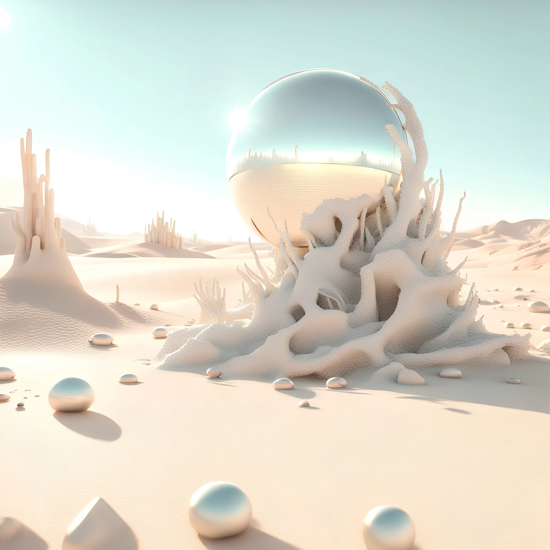 Bright, glittering, 3d, plastic-like, surreal objects in a bright environment, desert, noon light, creepy, masterpiece, good quality, intricate details, high quality, best quality, 8k, in focus, sharp focus, DVD Screengrab, fantasy, sci-fi, cinematic, photorealism, octane render, frostbite, 8k, cinematic, unreal engine, bokeh, vray, houdini render, quixel megascans, arnold render, 8k uhd, raytracing, cgi, lumen reflections, cgsociety, ultra realistic, cinema4d, studio quality, highly detailed